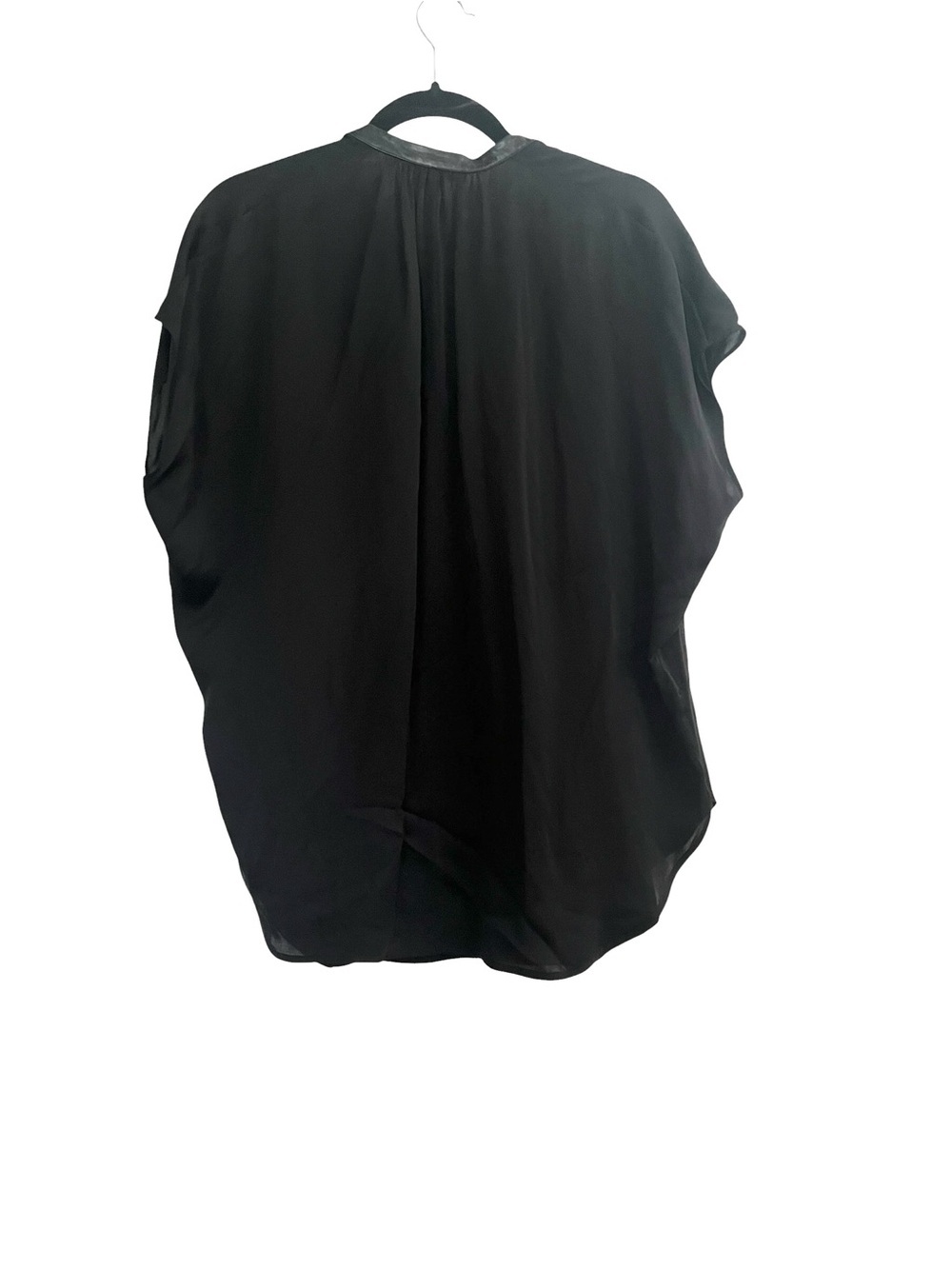 VINCE Luxury Black Silk Leather Trim Split-Neck Short Sleeve Blouse M - Picture 3 of 6